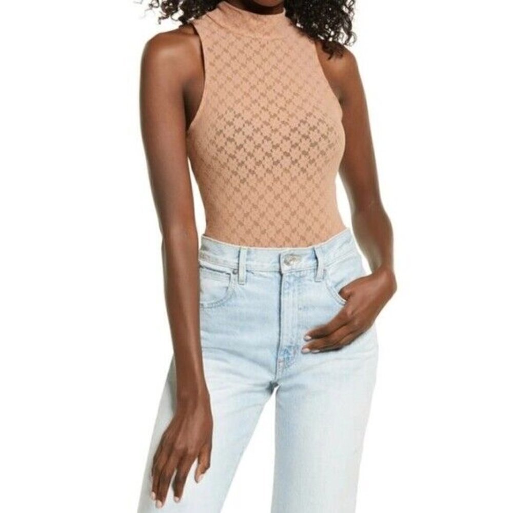 𝅺OPEN Edit  Bnwt Womens Tan Lace Sheer Mockneck Bodysuit Sz Small Sleeveless